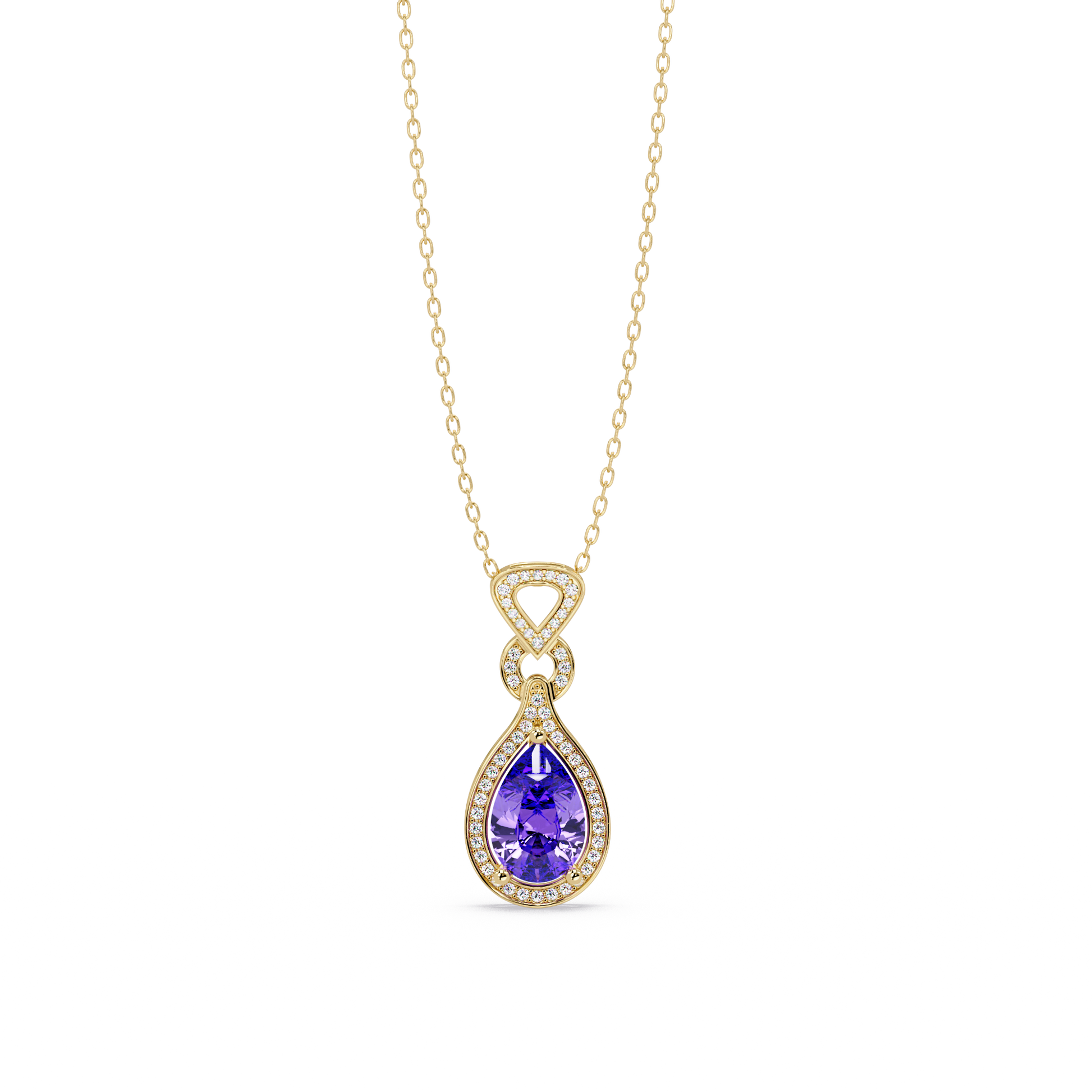 Amethyst Purple pear halo pendant in 14K Yellow Gold