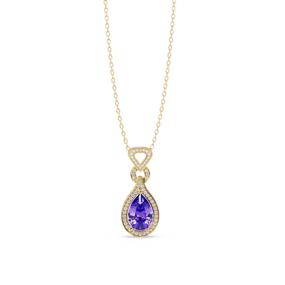Amethyst Purple pear halo pendant in 14K Yellow Gold