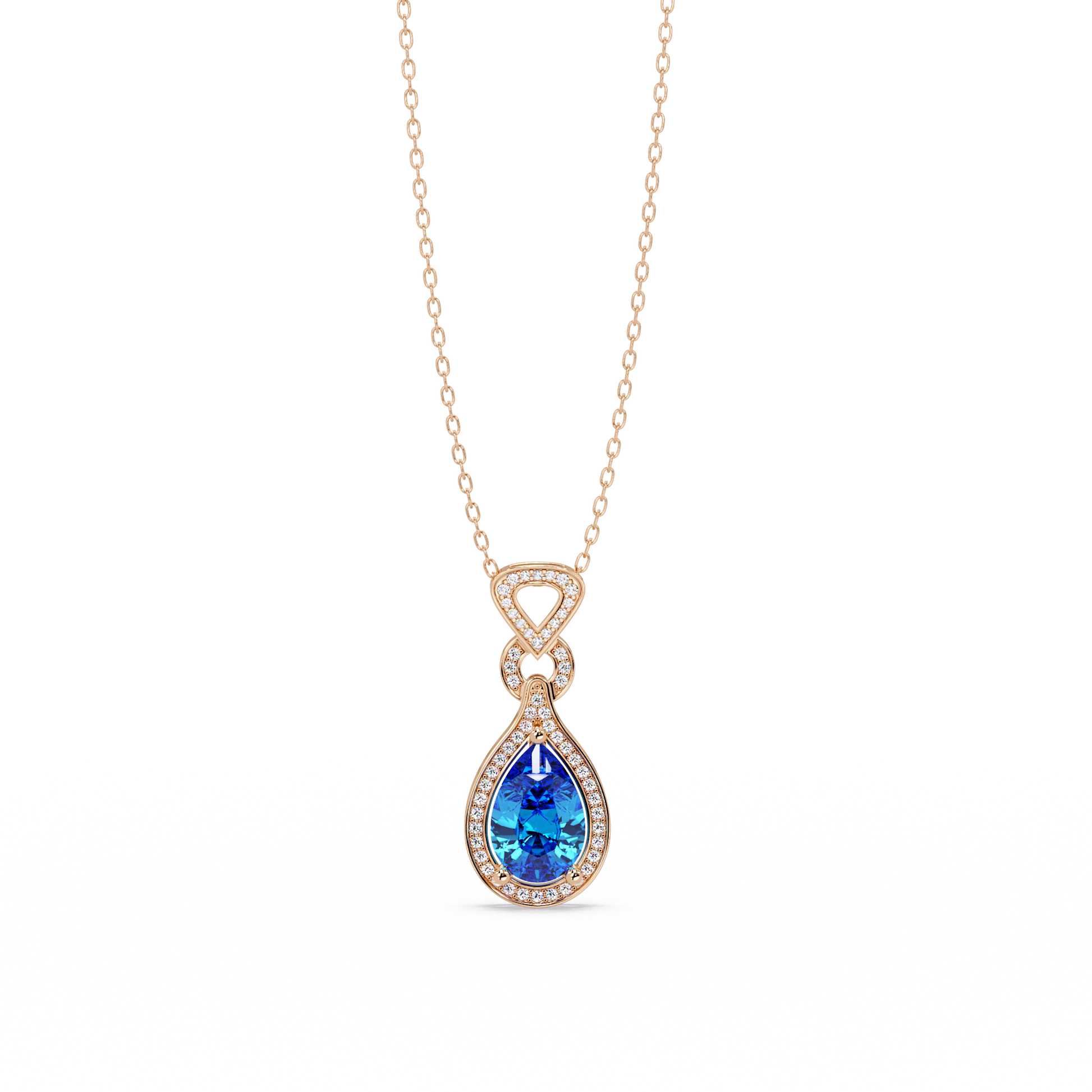 Aquamarine Blue pear halo pendant in 14K Rose Gold