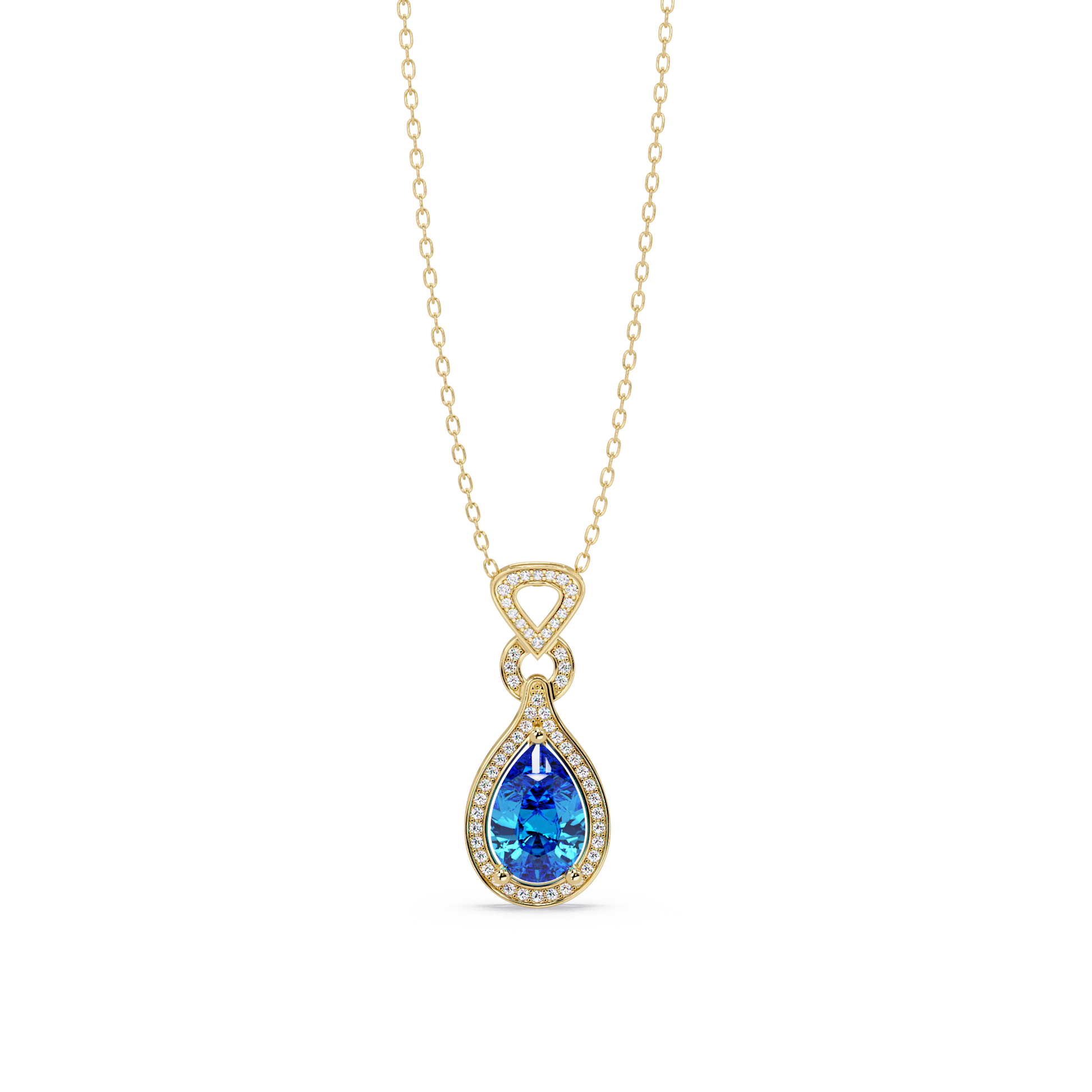 Aquamarine Blue pear halo pendant in 14K Yellow Gold