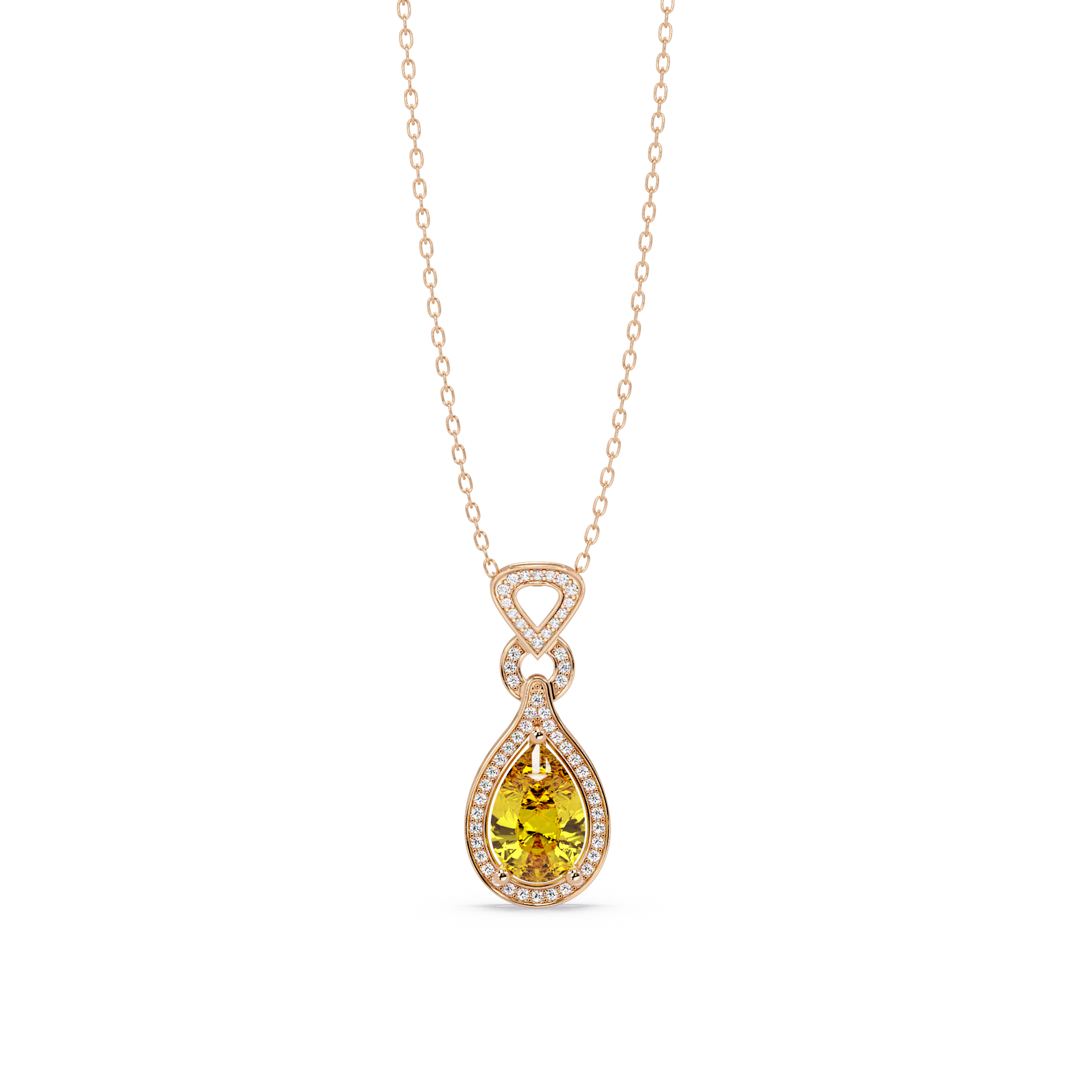 Citrine Yellow pear halo pendant in 14K Rose Gold