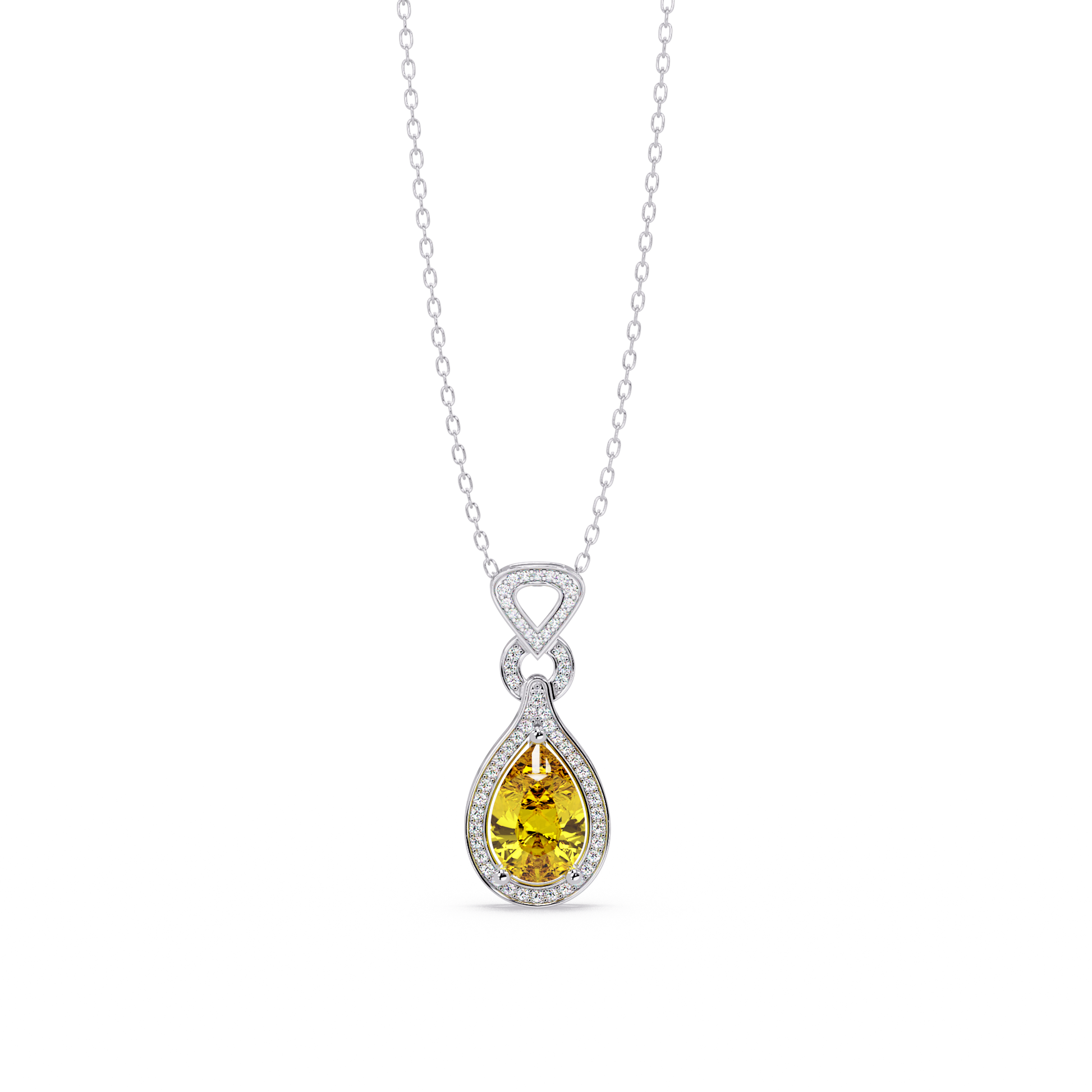 Citrine Yellow pear halo pendant in 14K White Gold