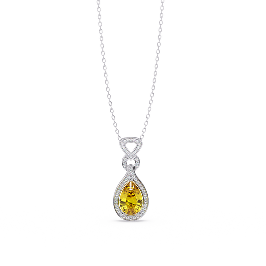Citrine Yellow pear halo pendant in 14K White Gold