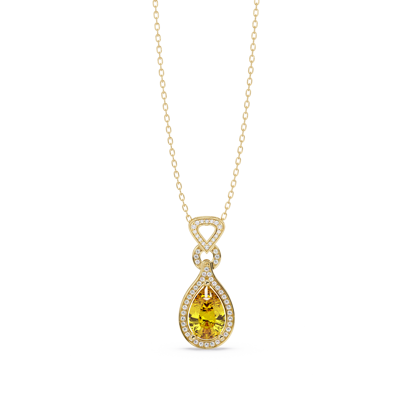 Citrine Yellow pear halo pendant in 14K Yellow Gold