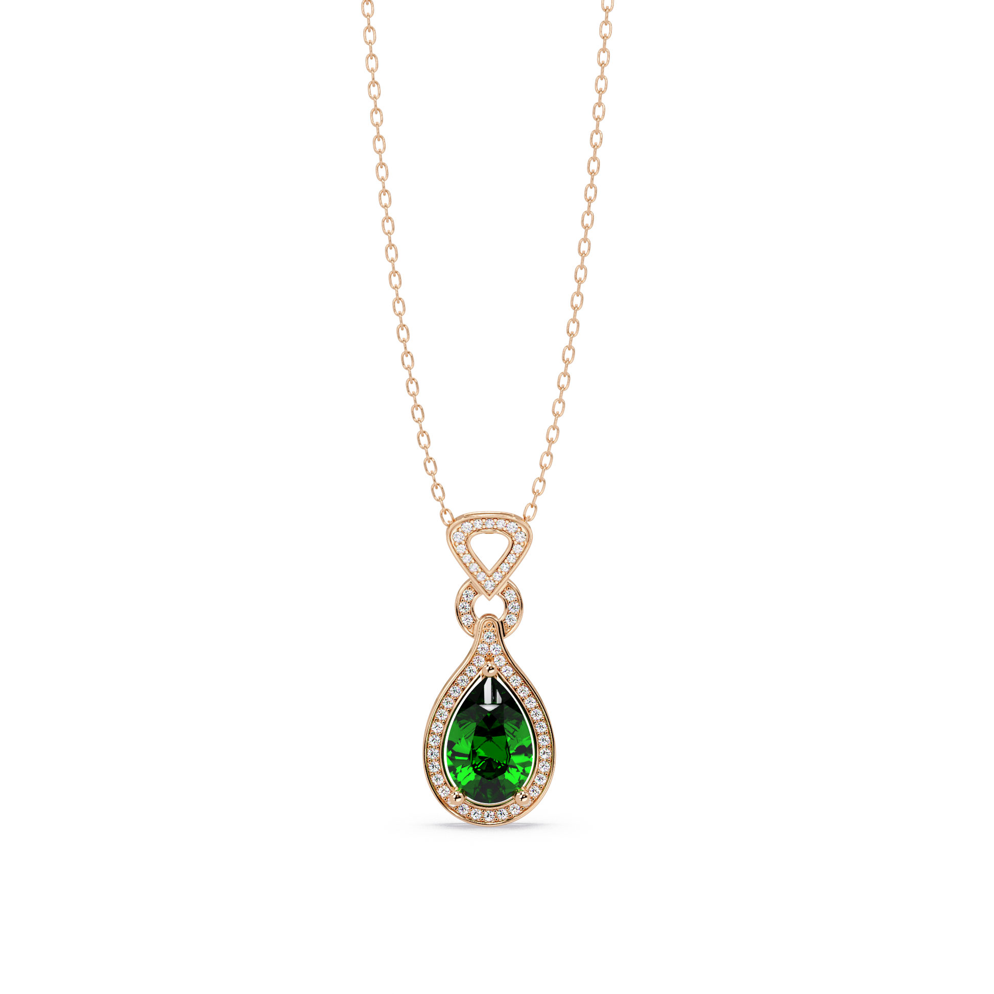 Emerald Green pear halo pendant in 14K Rose Gold