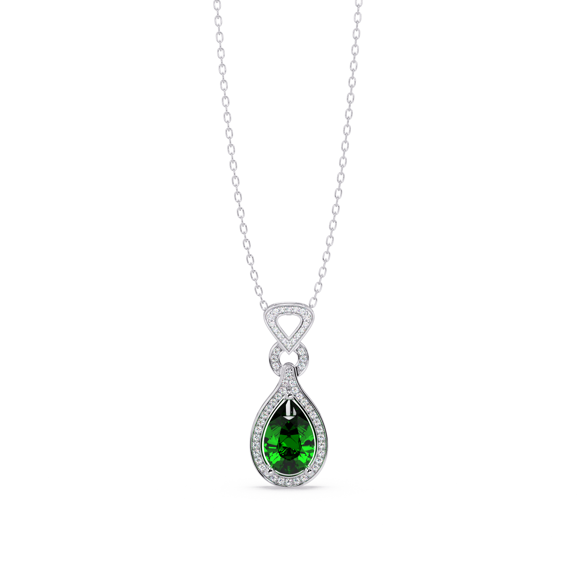 Emerald Green pear halo pendant in 14K White Gold