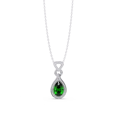 Emerald Green pear halo pendant in 14K White Gold