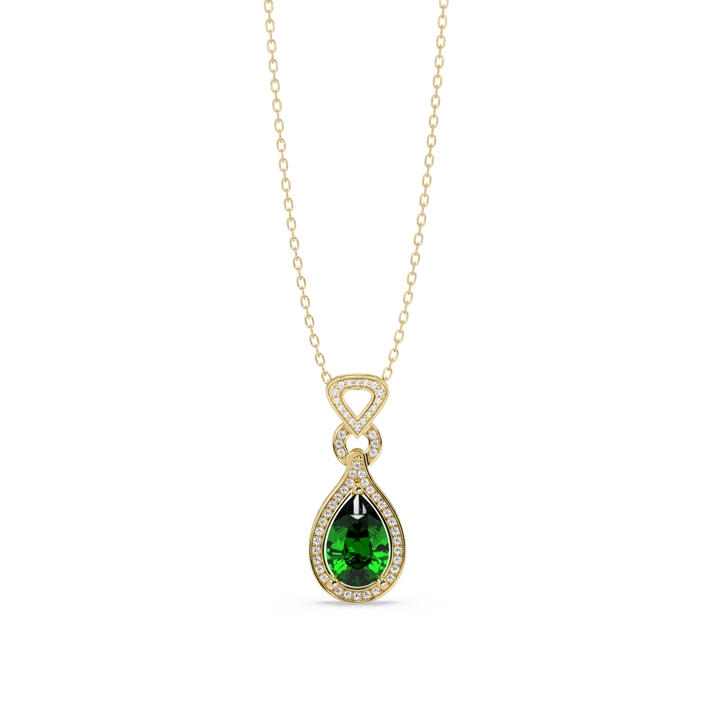 Emerald Green pear halo pendant in 14K Yellow Gold