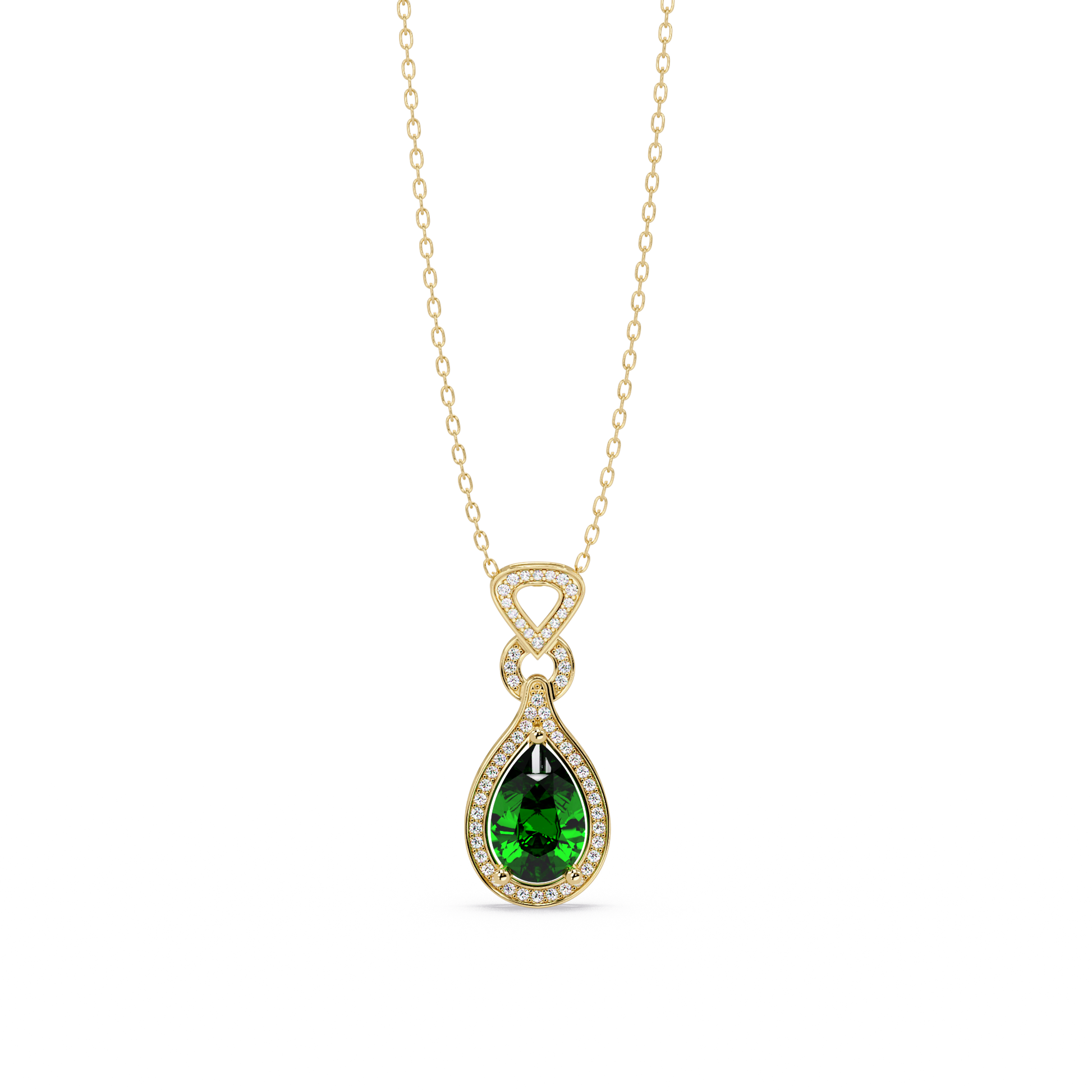 Emerald Green pear halo pendant in 14K Yellow Gold