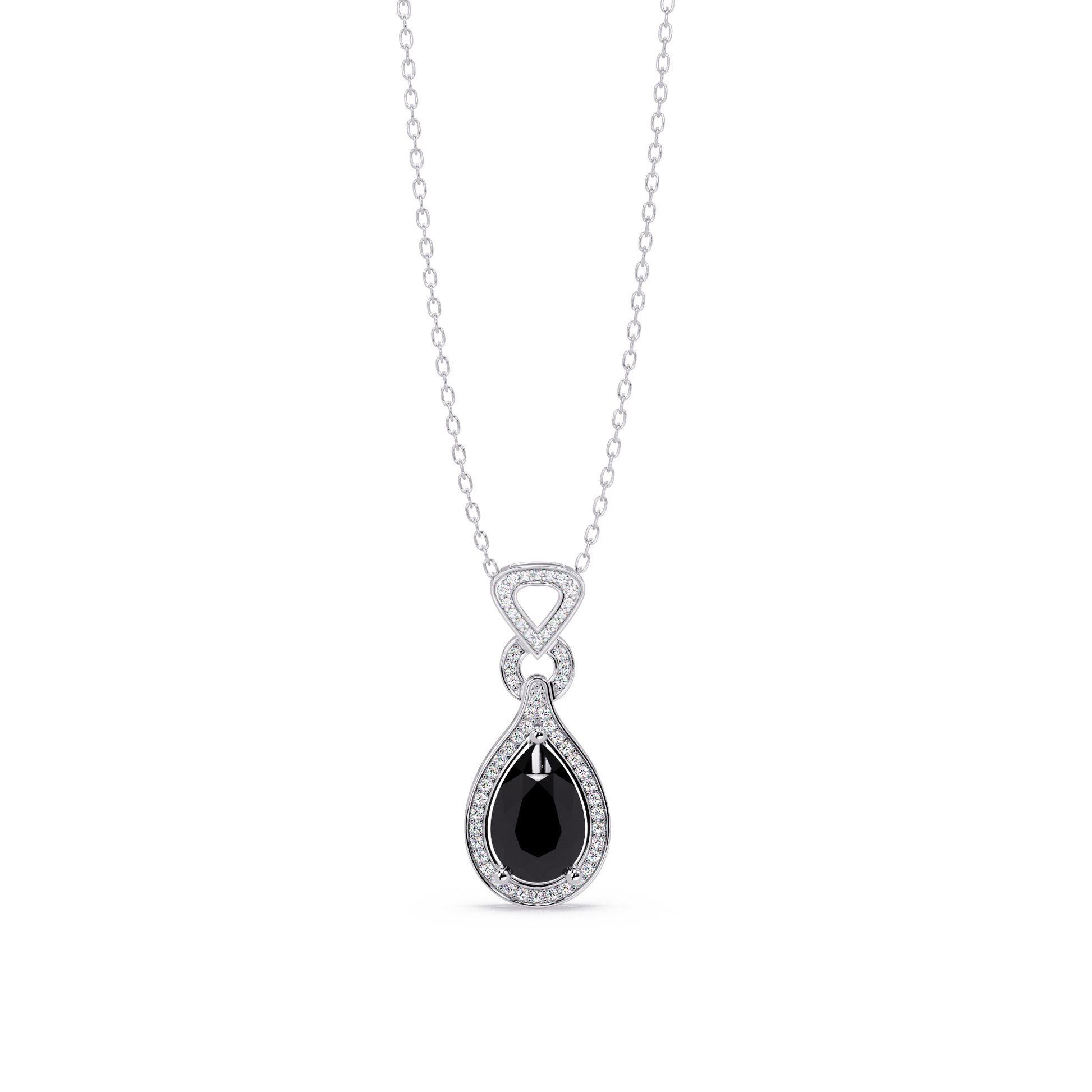 Onyx pear halo pendant in 14K White Gold