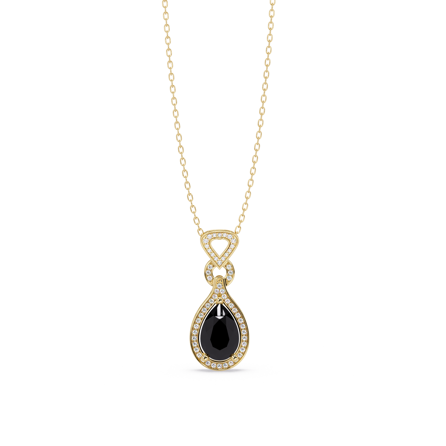 Onyx pear halo pendant in 14K Yellow Gold