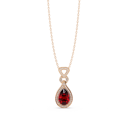 Ruby Red pear halo pendant in 14K Rose Gold