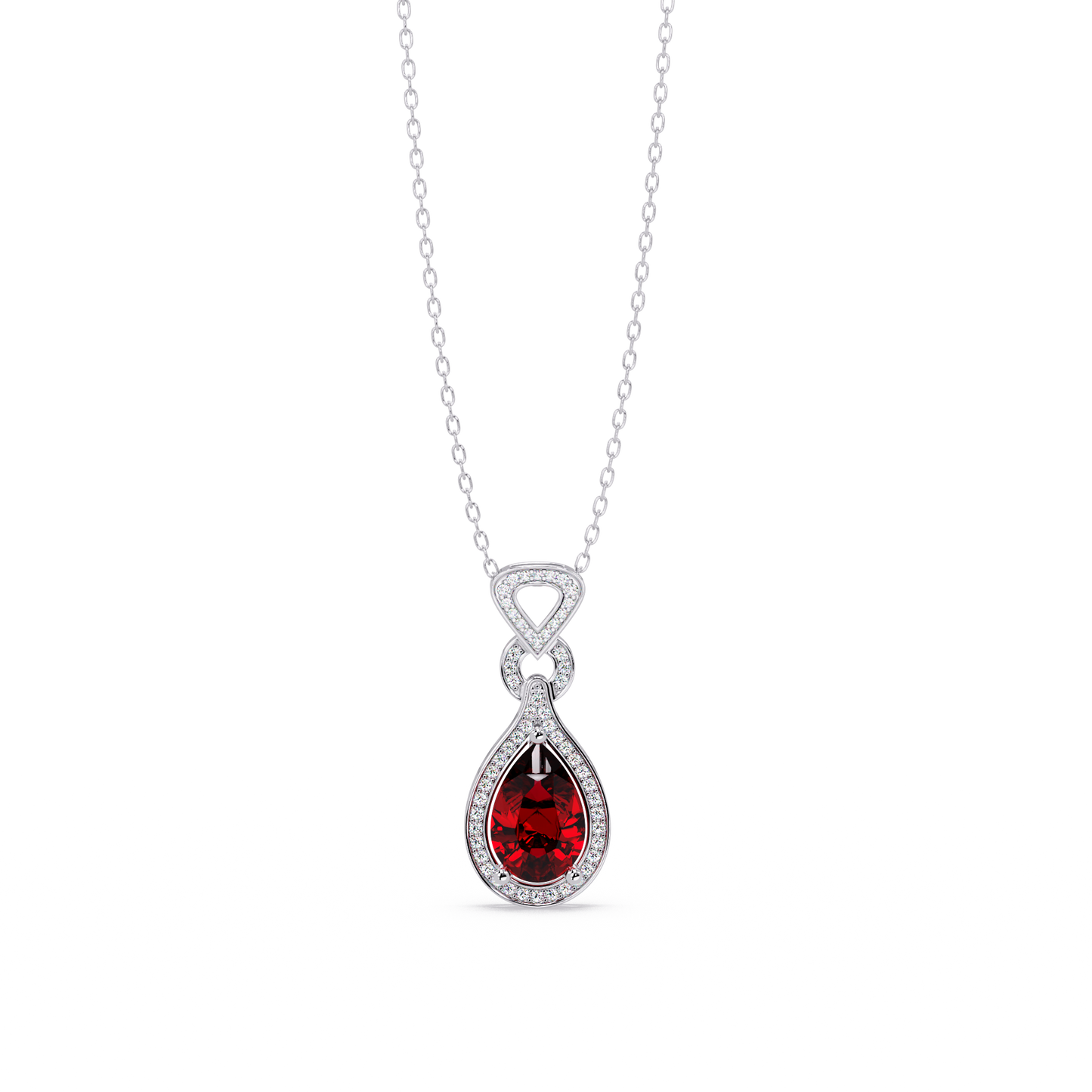 Ruby Red pear halo pendant in 14K White Gold