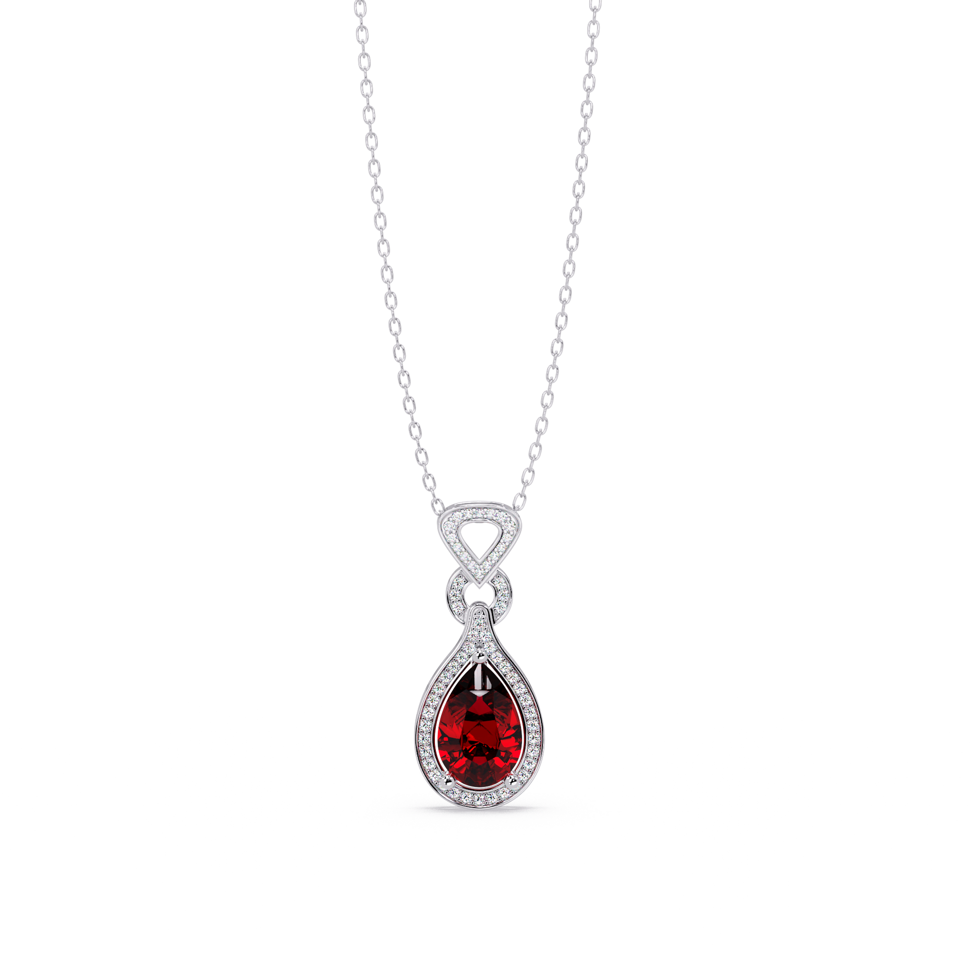 Ruby Red pear halo pendant in 14K White Gold