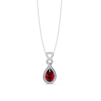 Ruby Red pear halo pendant in 14K White Gold