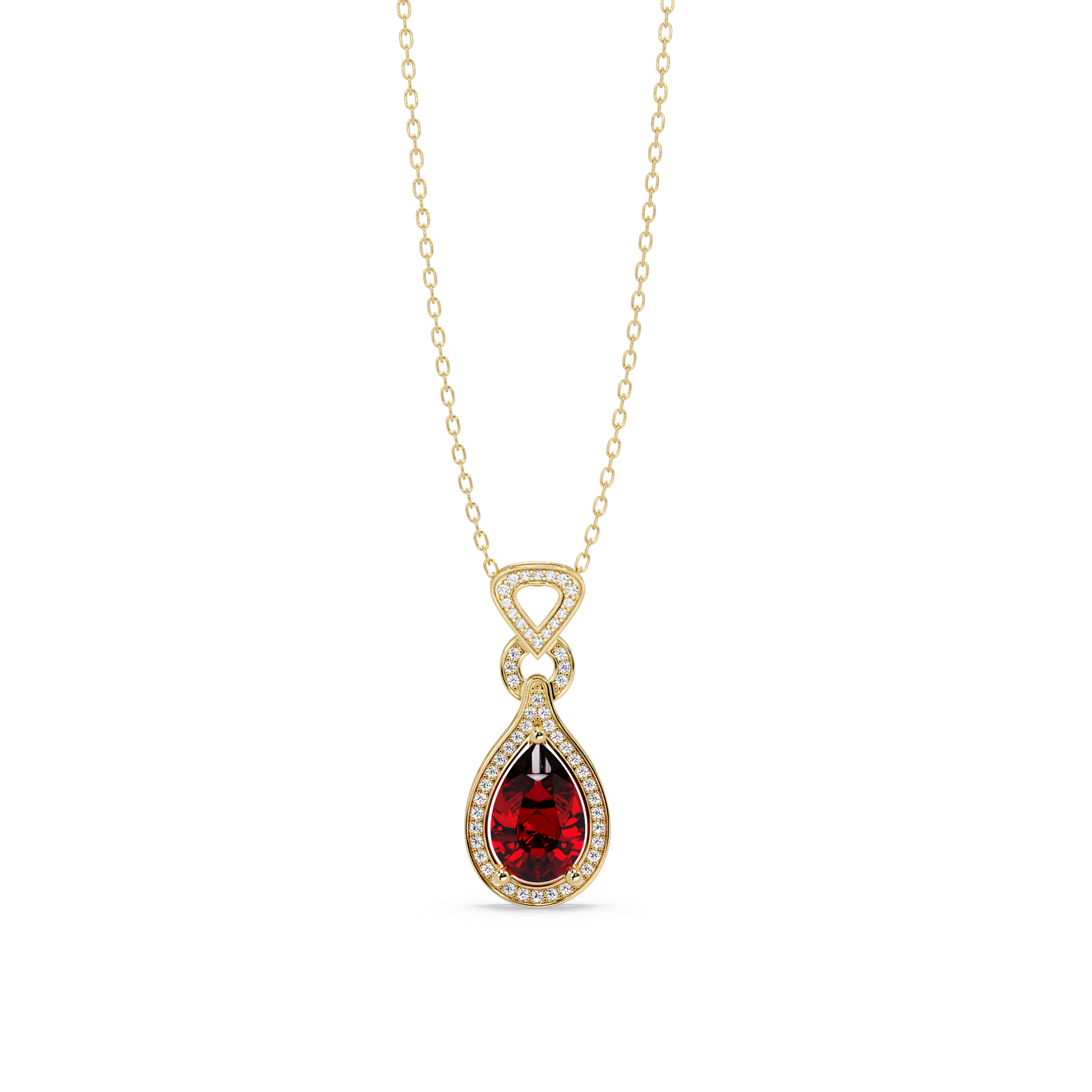 Ruby Red pear halo pendant in 14K Yellow Gold