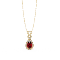Ruby Red pear halo pendant in 14K Yellow Gold