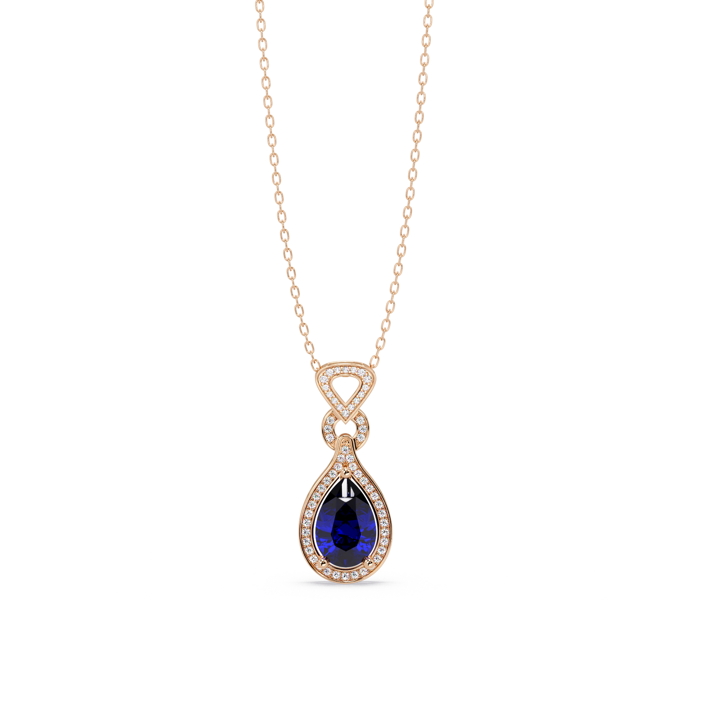 Sapphire Blue pear halo pendant in 14K Rose Gold