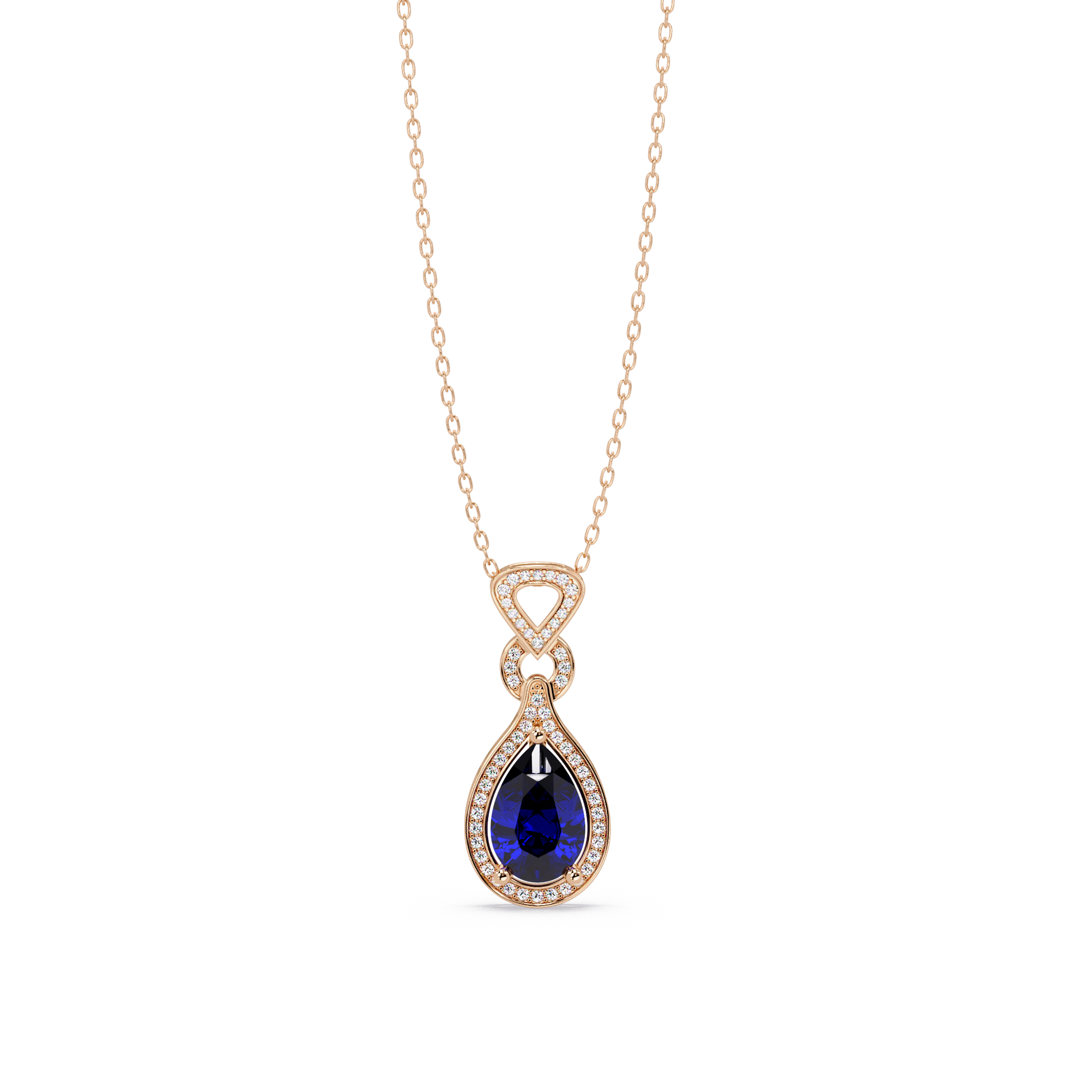 Sapphire Blue pear halo pendant in 14K Rose Gold