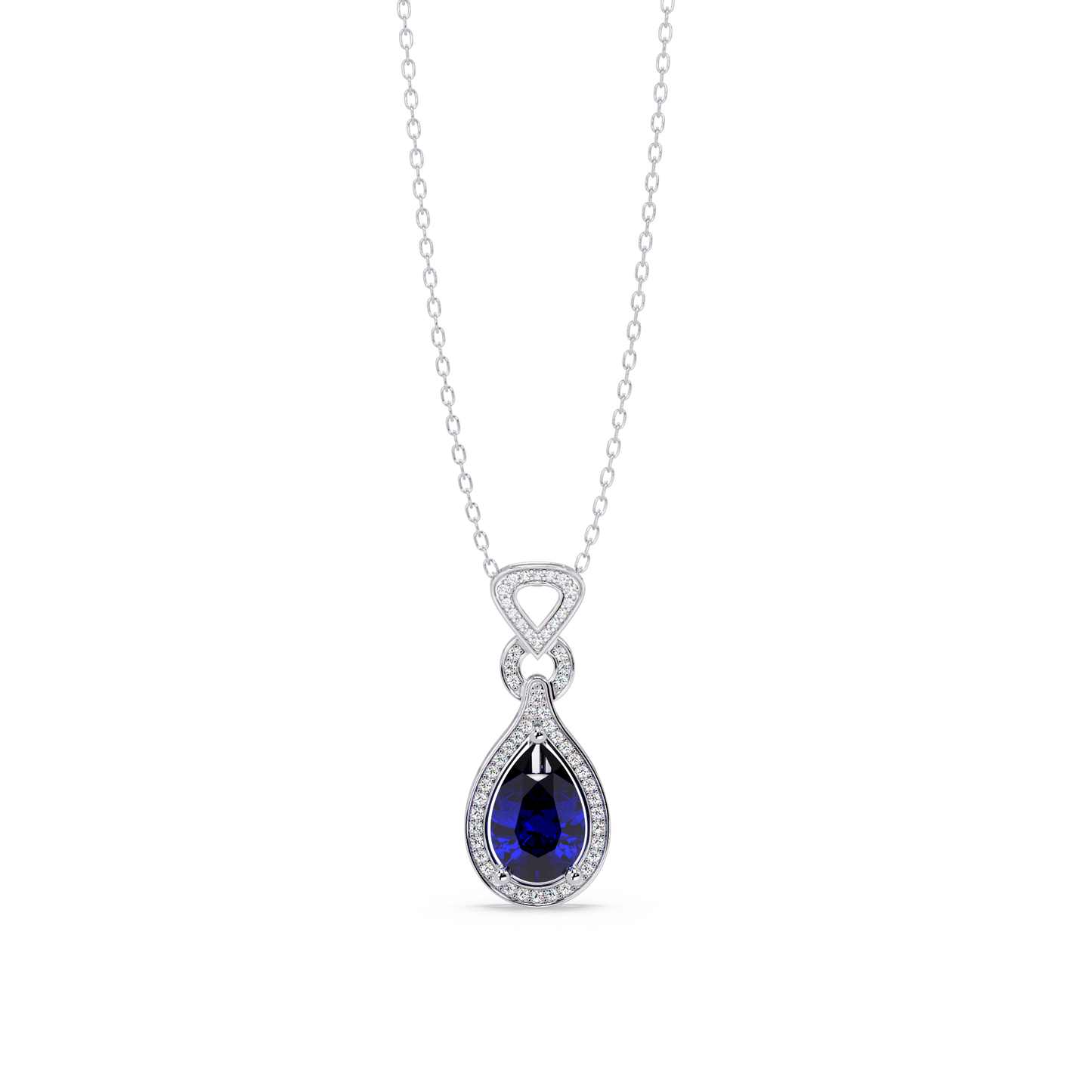 Sapphire Blue pear halo pendant in 14K White Gold
