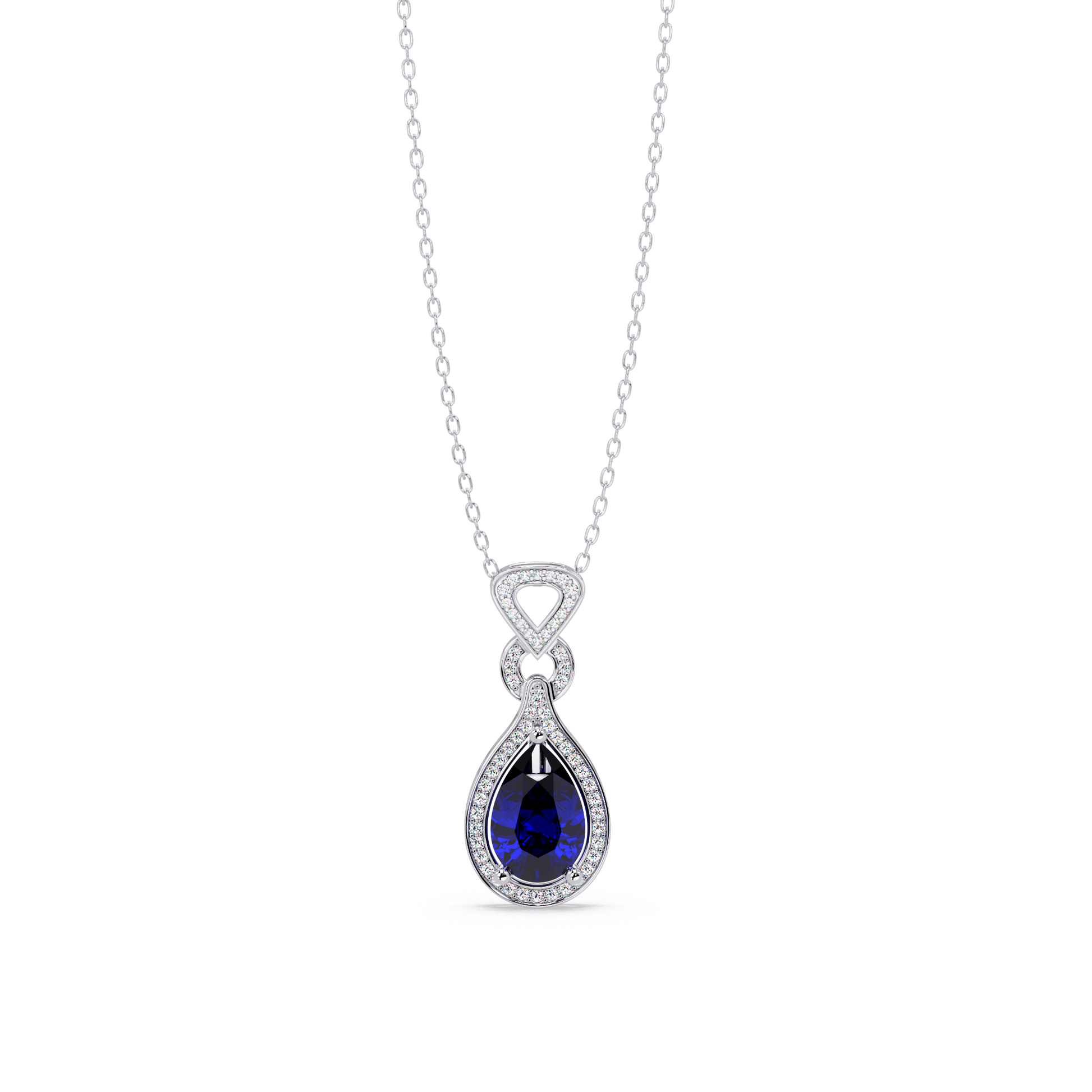 Sapphire Blue pear halo pendant in 14K White Gold