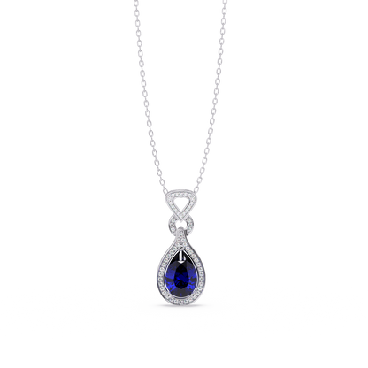 Sapphire Blue pear halo pendant in 14K White Gold