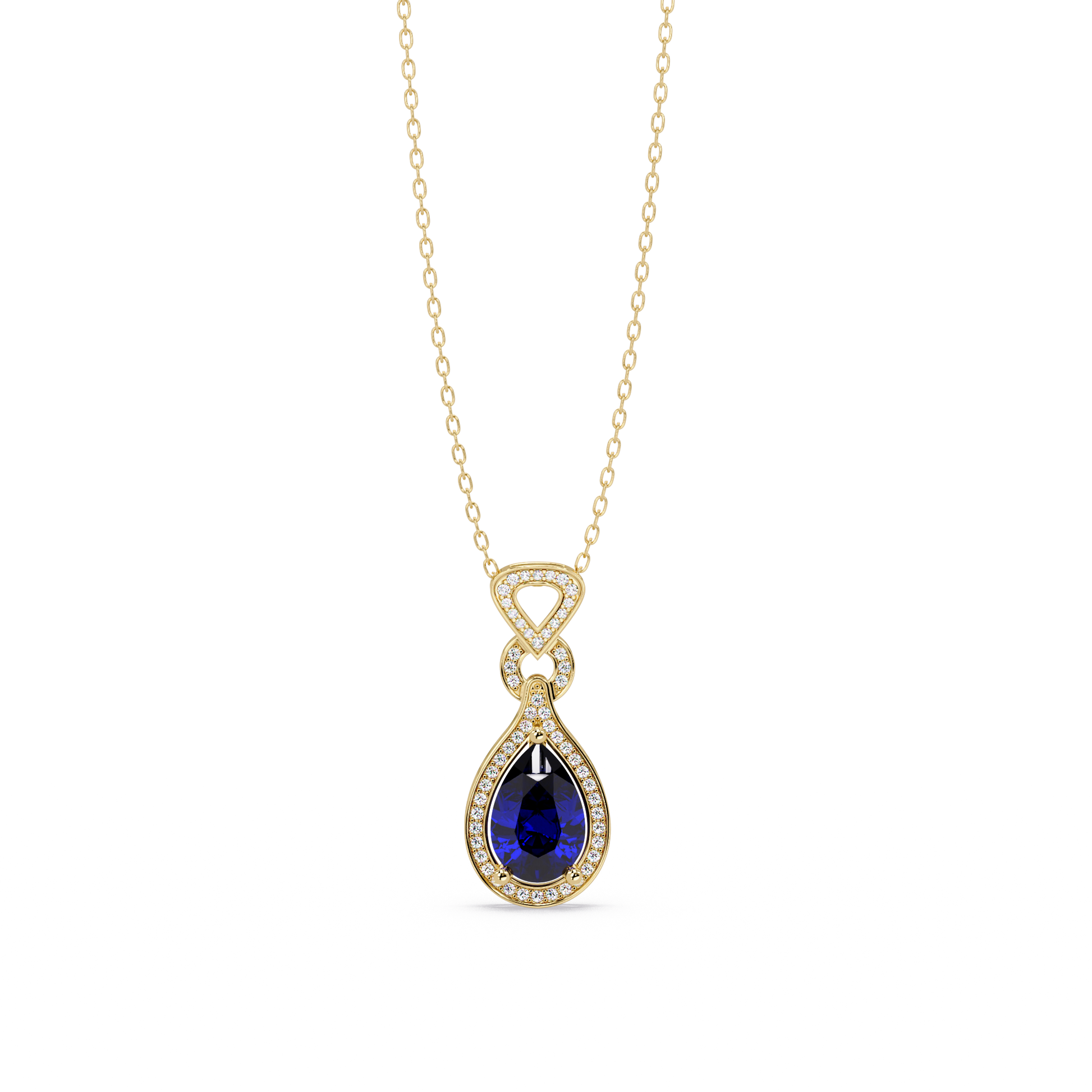 Sapphire Blue pear halo pendant in 14K Yellow Gold