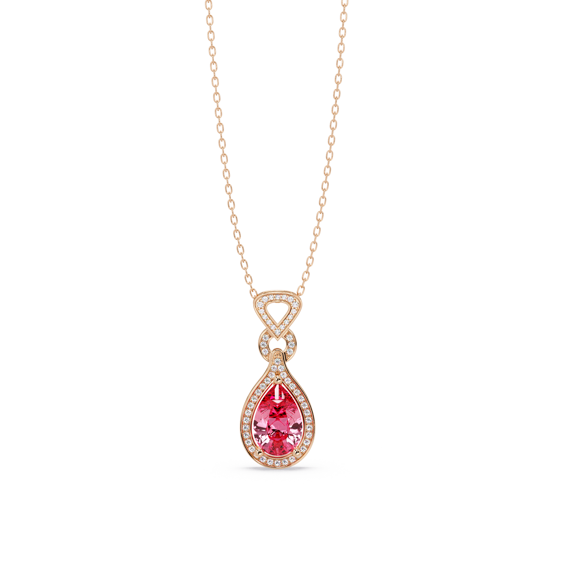 Tourmaline Pink pear halo pendant in 14K Rose Gold