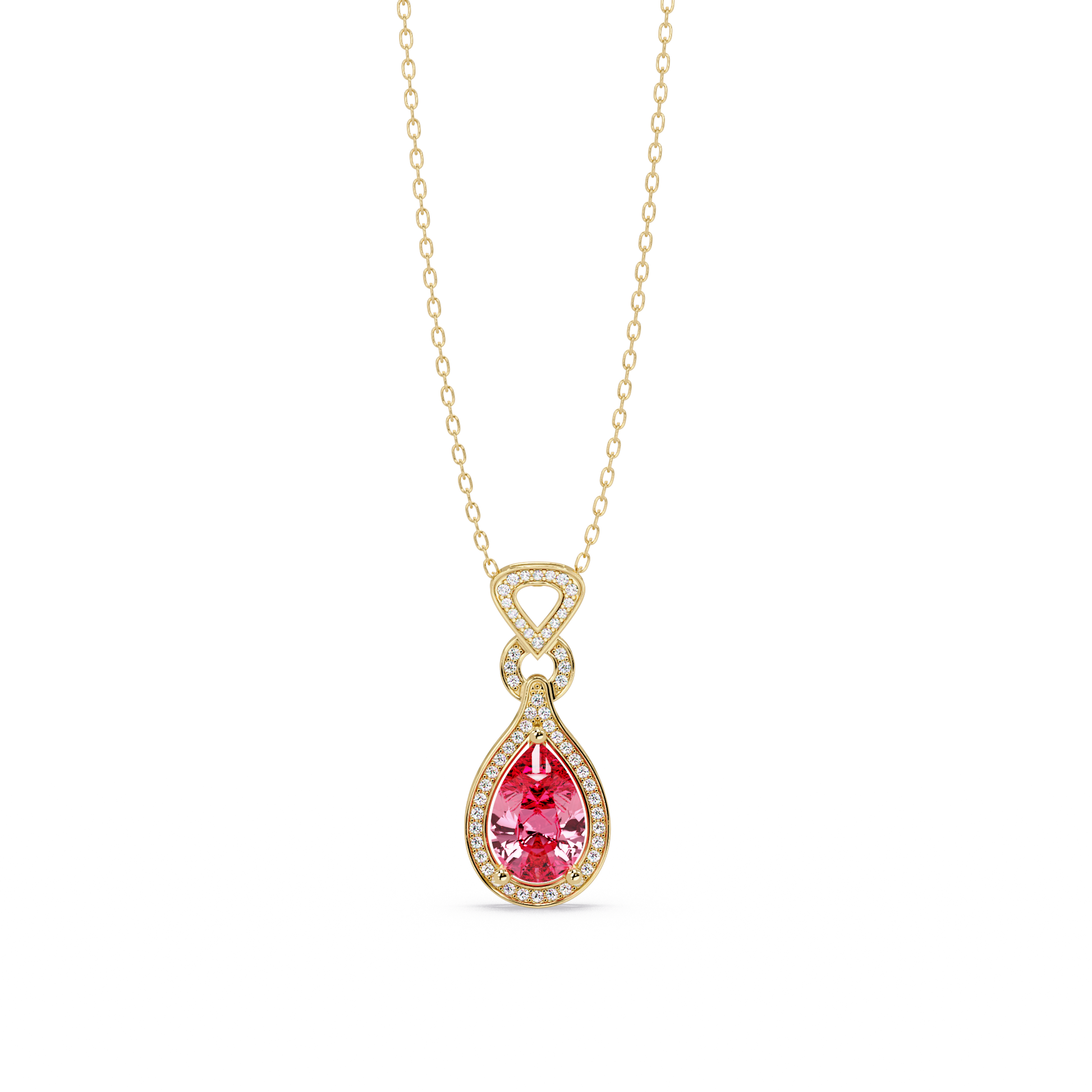 Tourmaline Pink pear halo pendant in 14K Yellow Gold