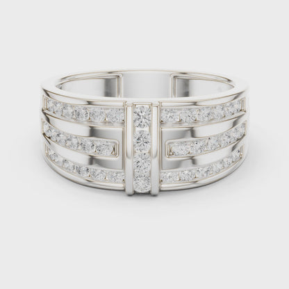 0.75 CTW Multi-Row Round Lab-Grown Diamond Wide Band with Geometric Center Detail in 14K Gold