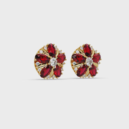 2.1 CTW Oval Floral Colorstone & White Diamond Stud Earrings