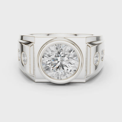 3.66 CTW Round Lab-Grown Diamond Bezel-Set Men’s Statement Ring with Side Diamonds in 14K Gold