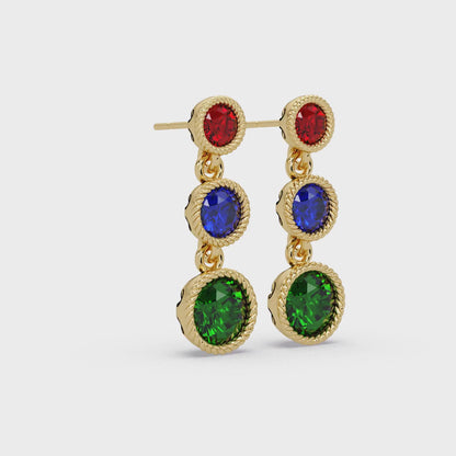 0.8 CTW Round Triple Bezel Multicolor Drop Earrings