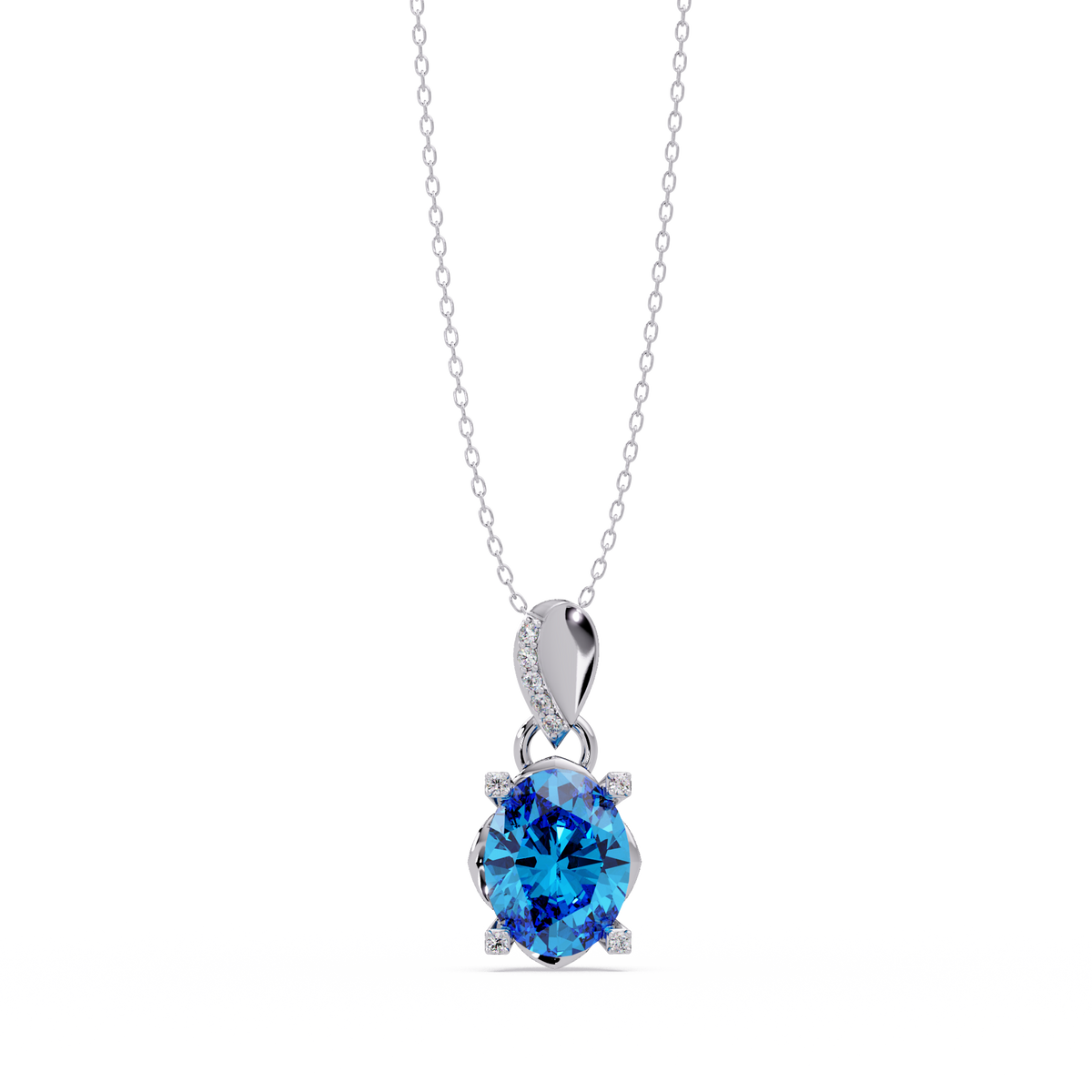 1.8 CTW Oval Solitaire Accent Colorstone Pendant Necklace — Aquamarine Sky Blue — 14K White Gold