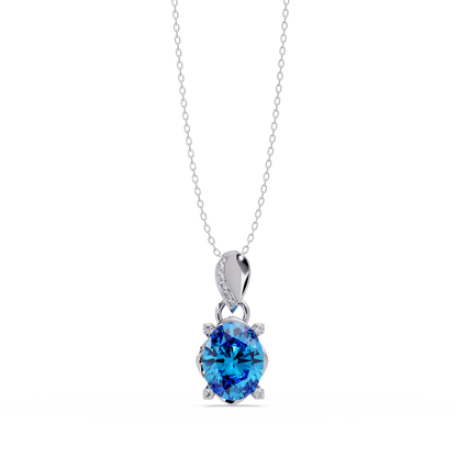 1.8 CTW Oval Solitaire Accent Colorstone Pendant Necklace — Aquamarine Sky Blue — 14K White Gold