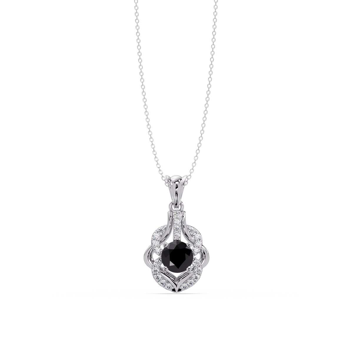 1.6 CTW Round Ornate Frame Colorstone Pendant Necklace — Onyx Black — 14K White Gold