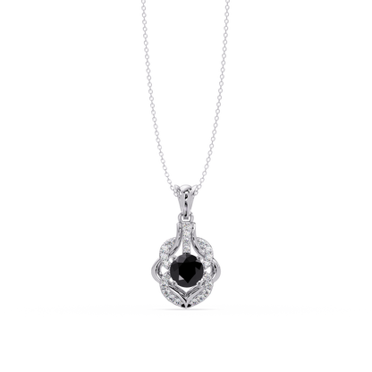 1.6 CTW Round Ornate Frame Colorstone Pendant Necklace — Onyx Black — 14K White Gold