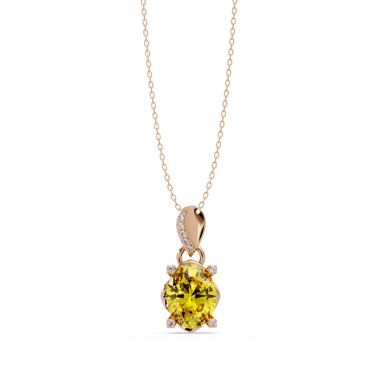 1.8 CTW Oval Solitaire Accent Colorstone Pendant Necklace — Citrine Lemon Yellow — 14K Rose Gold