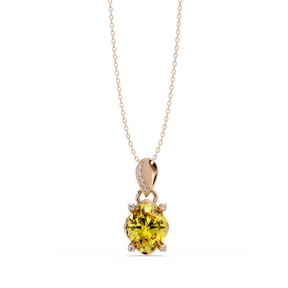 1.8 CTW Oval Solitaire Accent Colorstone Pendant Necklace — Citrine Lemon Yellow — 14K Rose Gold