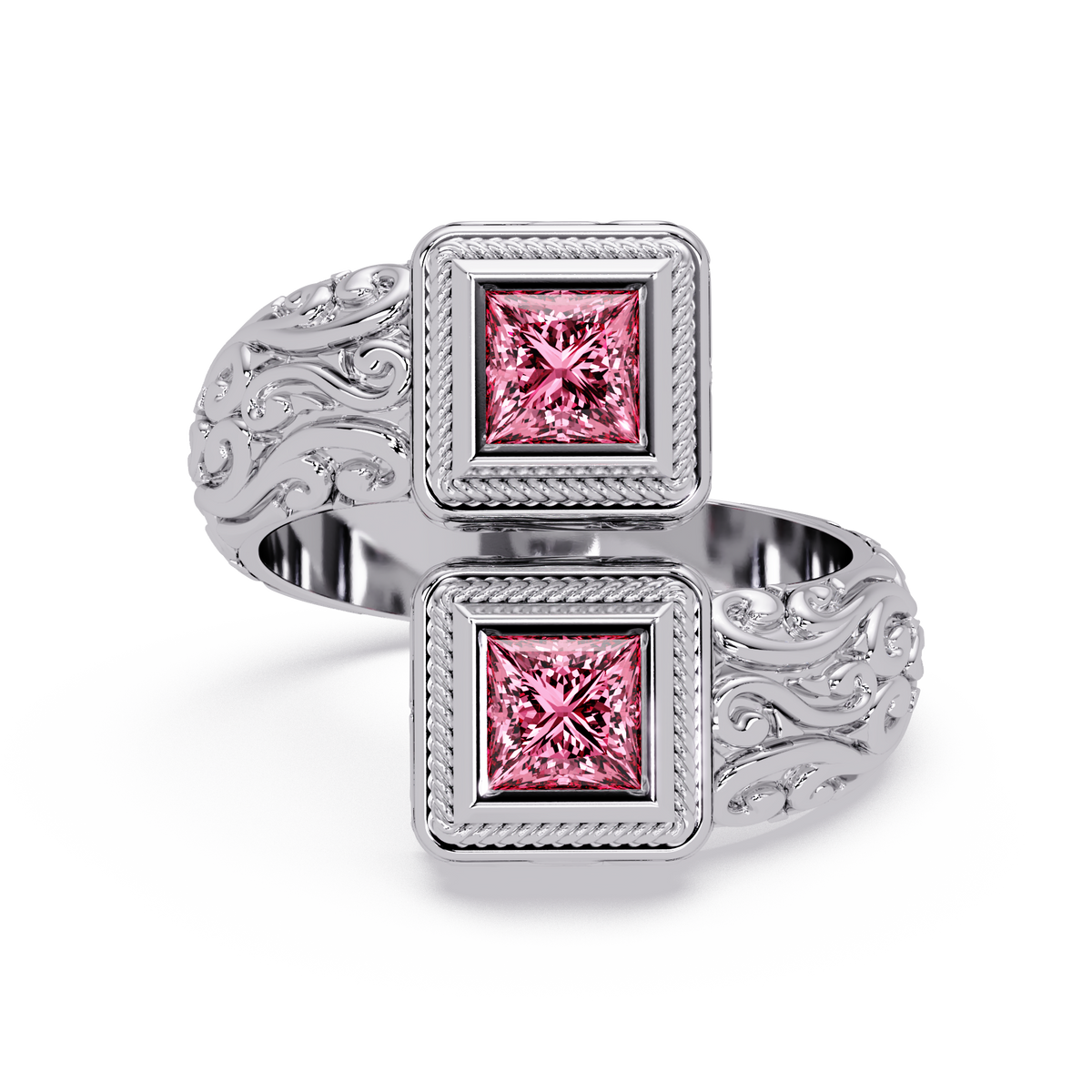 1.0 CTW Princess-Cut Filigree Bypass Colorstone Ring in Tourmaline Pink and White Gold – Lunéa Paris