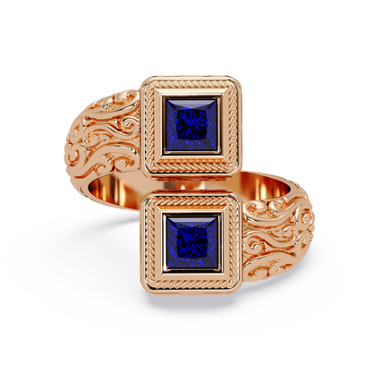 1.0 CTW Princess-Cut Filigree Bypass Colorstone Ring in Sapphire Blue and Rose Gold – Lunéa Paris