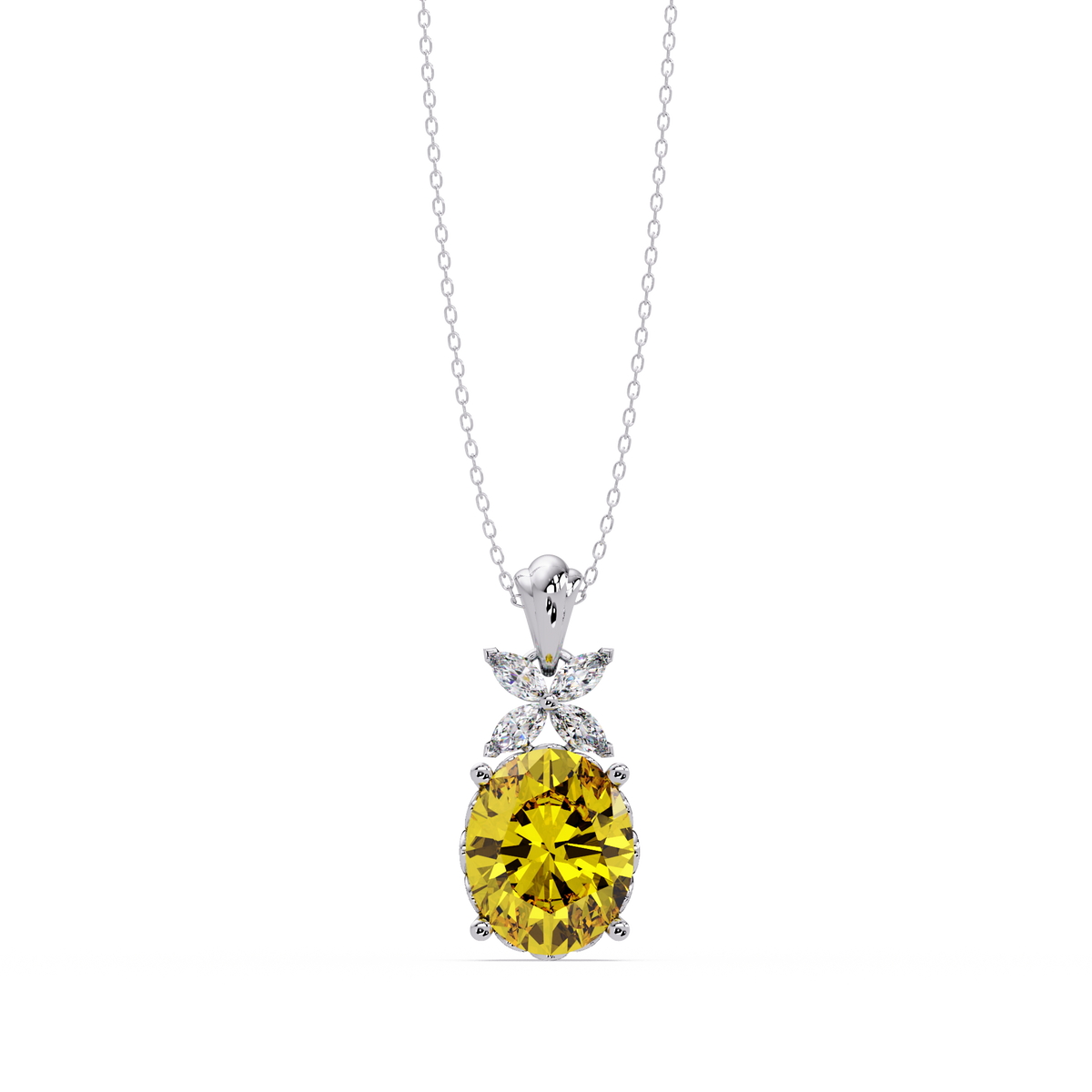 3.6 CTW Oval Butterfly Accent Colorstone Pendant Necklace — Citrine Lemon Yellow — 14K White Gold