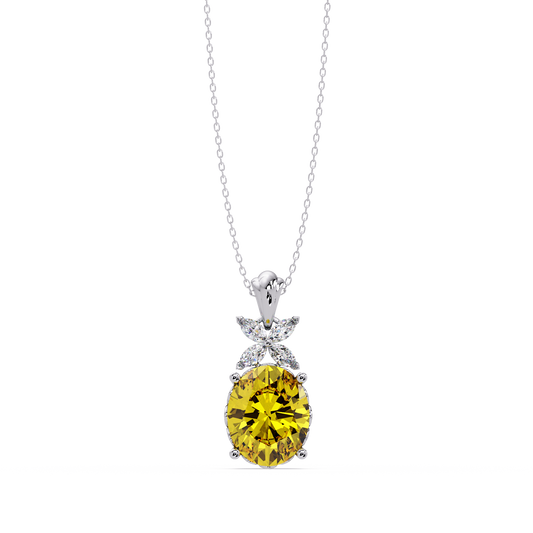 3.6 CTW Oval Butterfly Accent Colorstone Pendant Necklace — Citrine Lemon Yellow — 14K White Gold