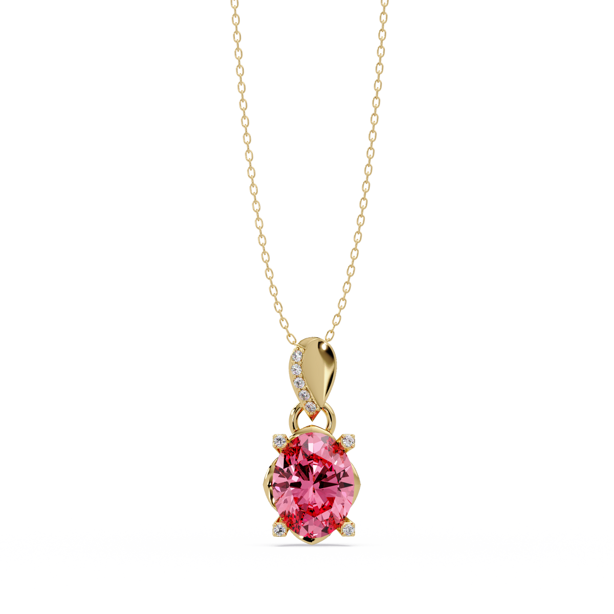 1.8 CTW Oval Solitaire Accent Colorstone Pendant Necklace — Tourmaline Rose Pink — 14K Yellow Gold