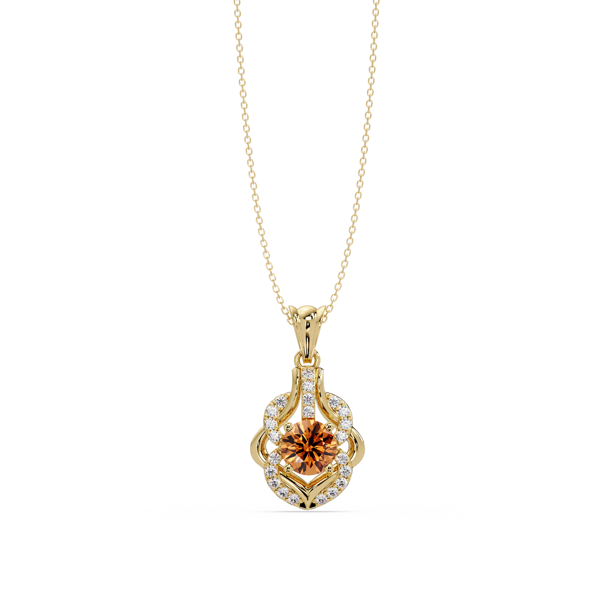 1.6 CTW Round Ornate Frame Colorstone Pendant Necklace — Champagne Topaz Amber — 14K Yellow Gold
