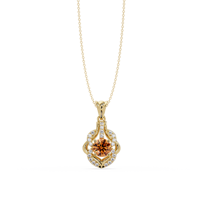 1.6 CTW Round Ornate Frame Colorstone Pendant Necklace — Champagne Topaz Amber — 14K Yellow Gold
