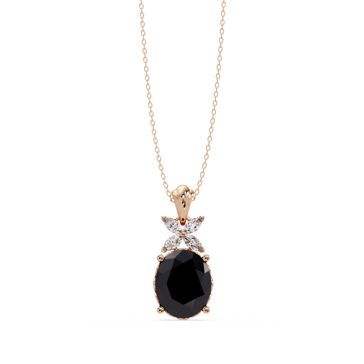 3.6 CTW Oval Butterfly Accent Colorstone Pendant Necklace — Onyx Black — 14K Rose Gold