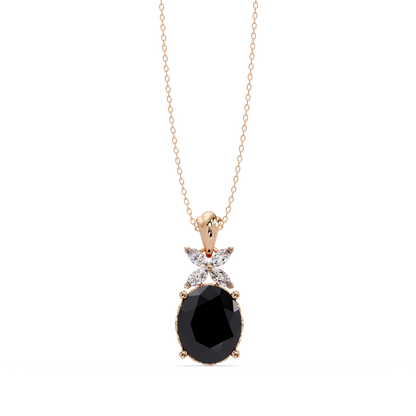 3.6 CTW Oval Butterfly Accent Colorstone Pendant Necklace — Onyx Black — 14K Rose Gold