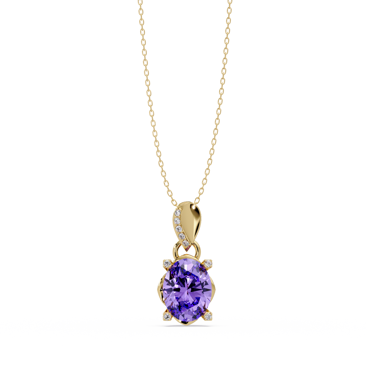 1.8 CTW Oval Solitaire Accent Colorstone Pendant Necklace — Amethyst Lavender — 14K Yellow Gold