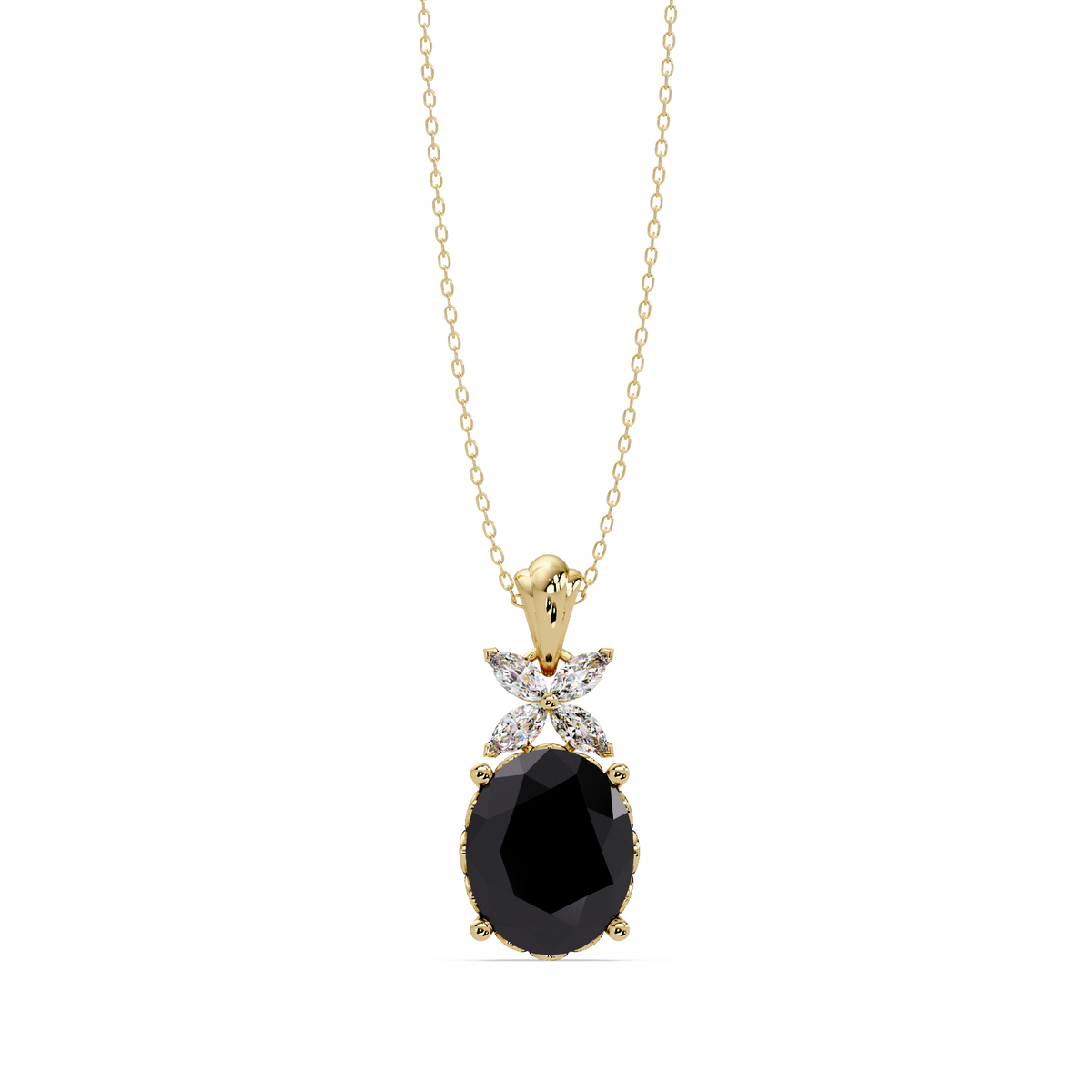 3.6 CTW Oval Butterfly Accent Colorstone Pendant Necklace — Onyx Black — 14K Yellow Gold